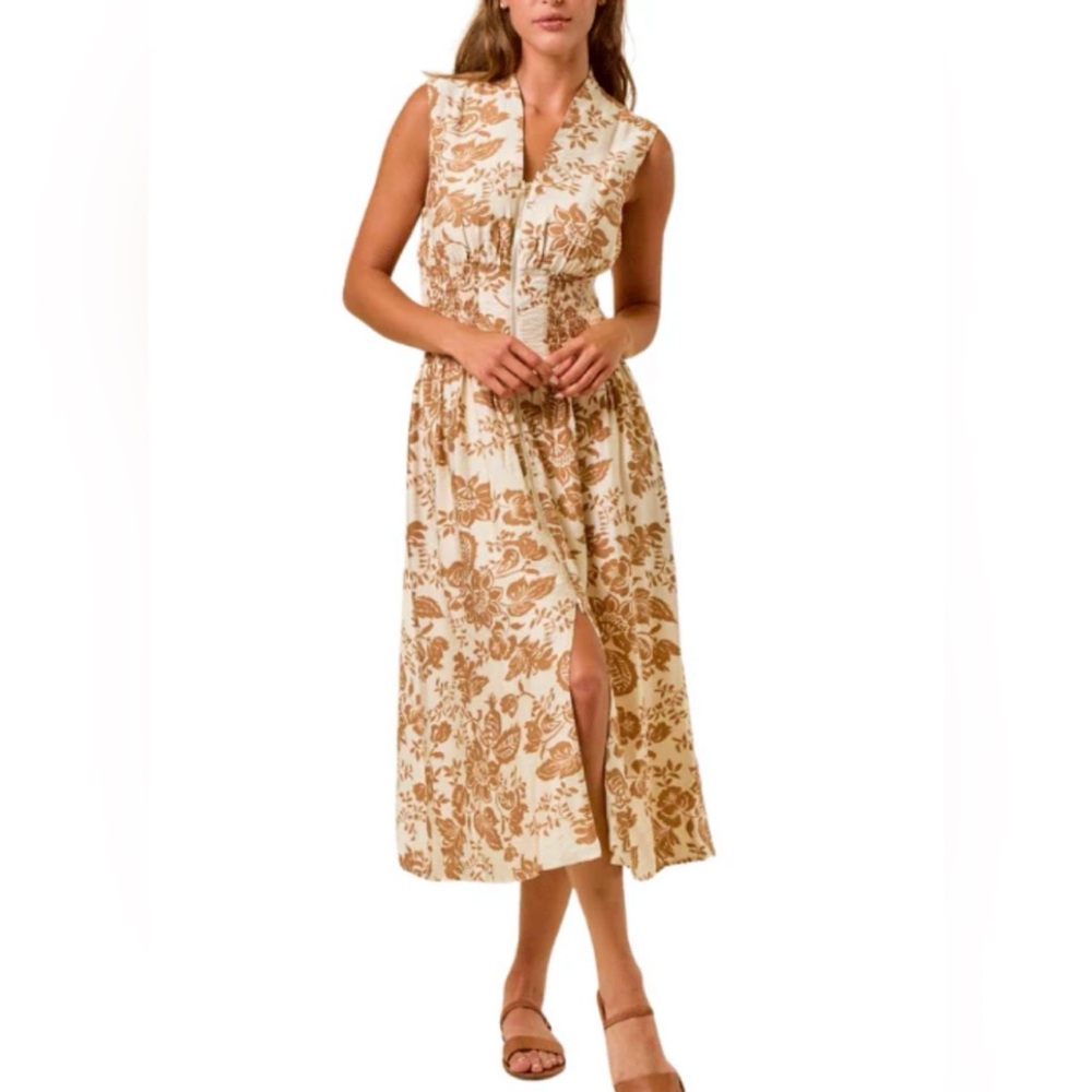 NEW Doe & Rae Women’s Floral Smocked Dress Beige/Brown Multi Size Large NWT